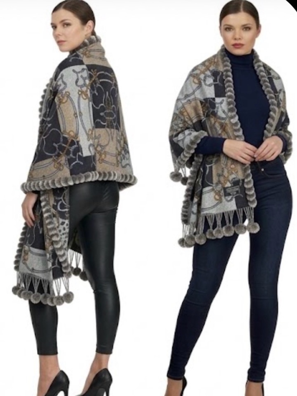 GORSKI • Gorgeous Double Face Wool Stole with Rex Rabbit, gold and black accents